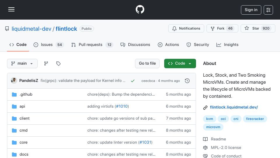 Screenshot of github.com: Flintlock – Create and manage the lifecycle of MicroVMs, backed by containerd