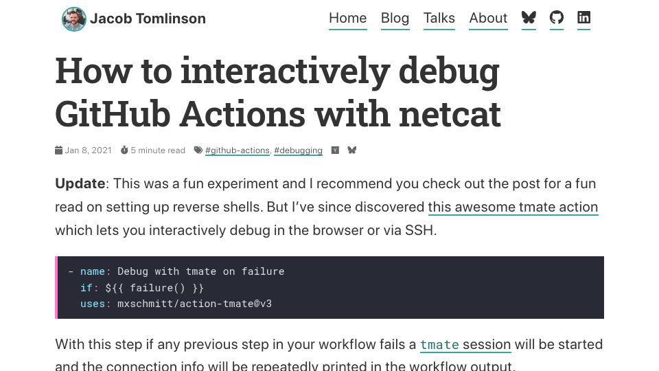 Screenshot of jacobtomlinson.dev: How to interactively debug GitHub Actions with netcat