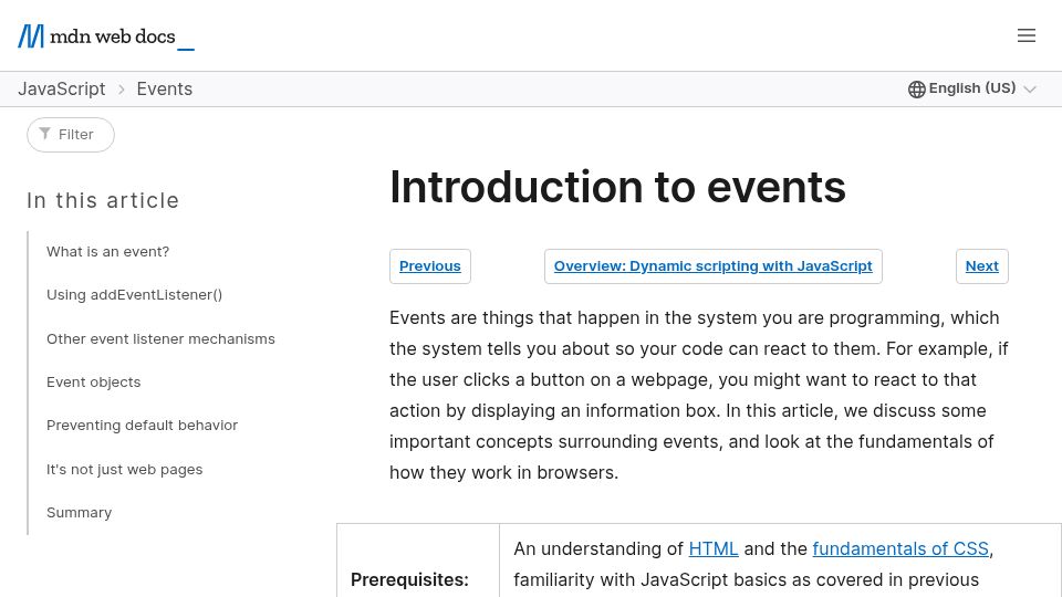 Screenshot of developer.mozilla.org: Events