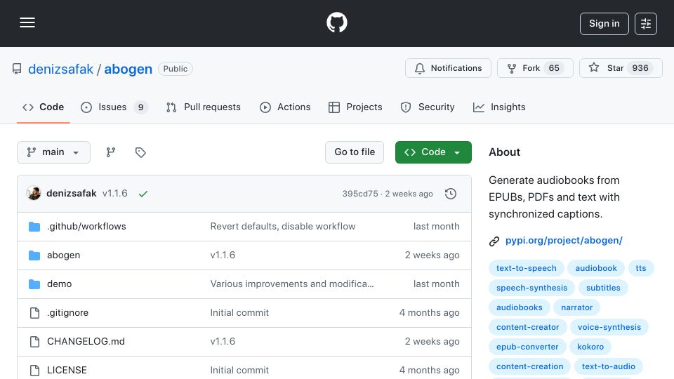 Screenshot of github.com: Abogen – Generate audiobooks from EPUBs, PDFs and text