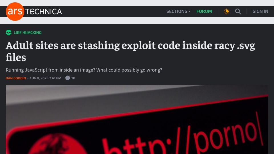 Screenshot of arstechnica.com: Adult sites are stashing exploit code inside svg files