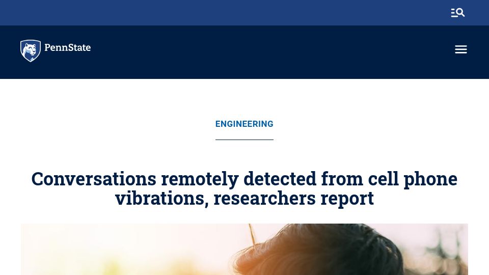 Screenshot of psu.edu: Conversations remotely detected from cell phone vibrations, researchers report