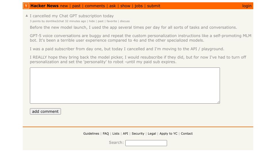Screenshot of Hacker News post: I cancelled my Chat GPT subscription today
