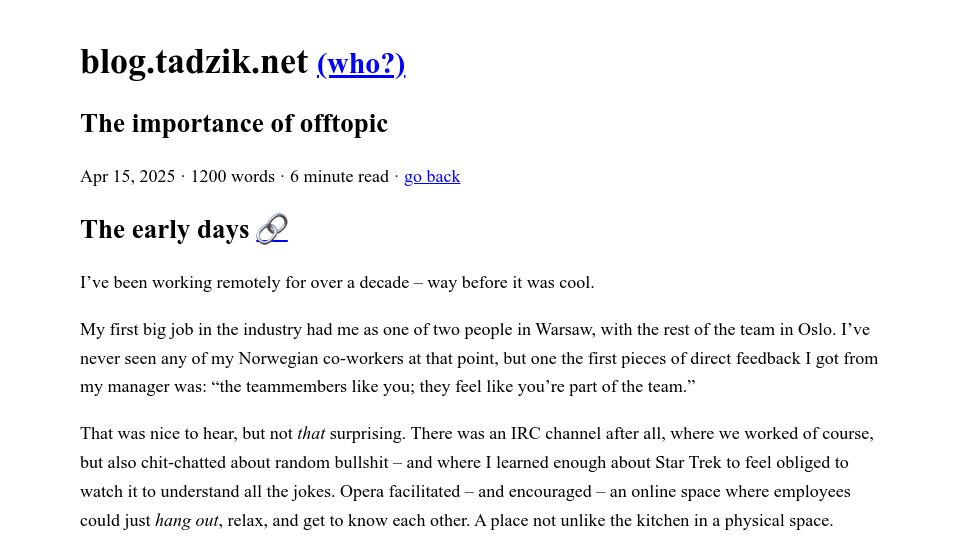Screenshot of blog.tadzik.net: The importance of offtopic