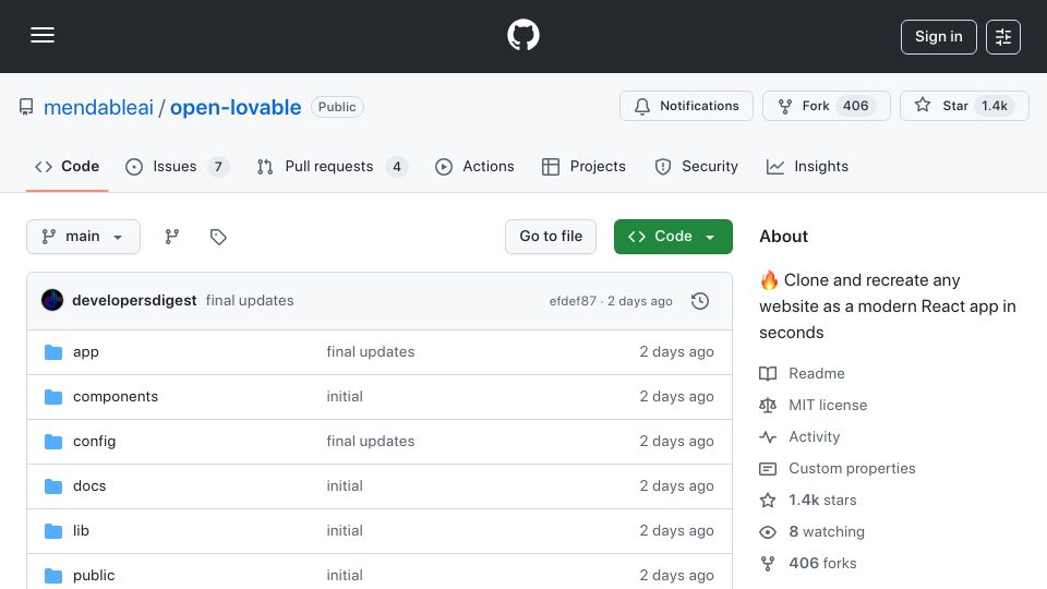 Screenshot of github.com: Open Lovable
