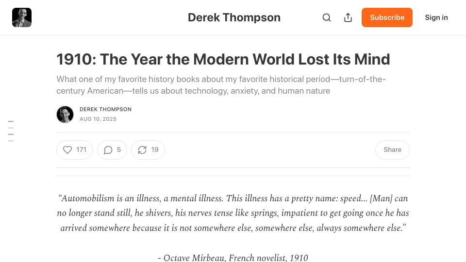 Screenshot of derekthompson.org: 1910: The year the modern world lost its mind