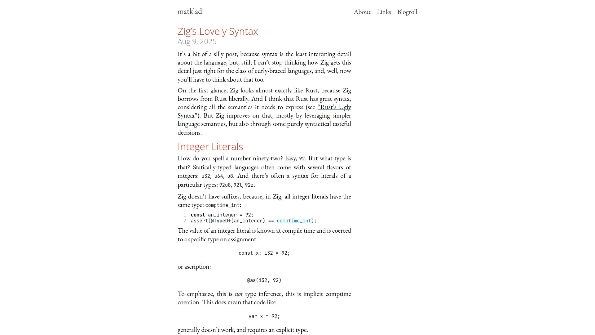 Screenshot of matklad.github.io: Zig's Lovely Syntax