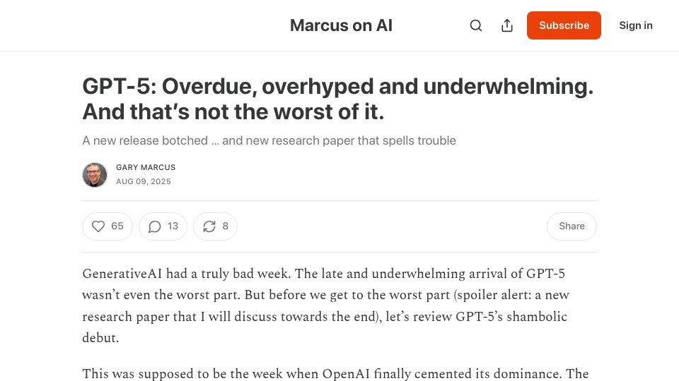 Screenshot of garymarcus.substack.com: GPT-5: Overdue, overhyped and underwhelming. And that's not the worst of it