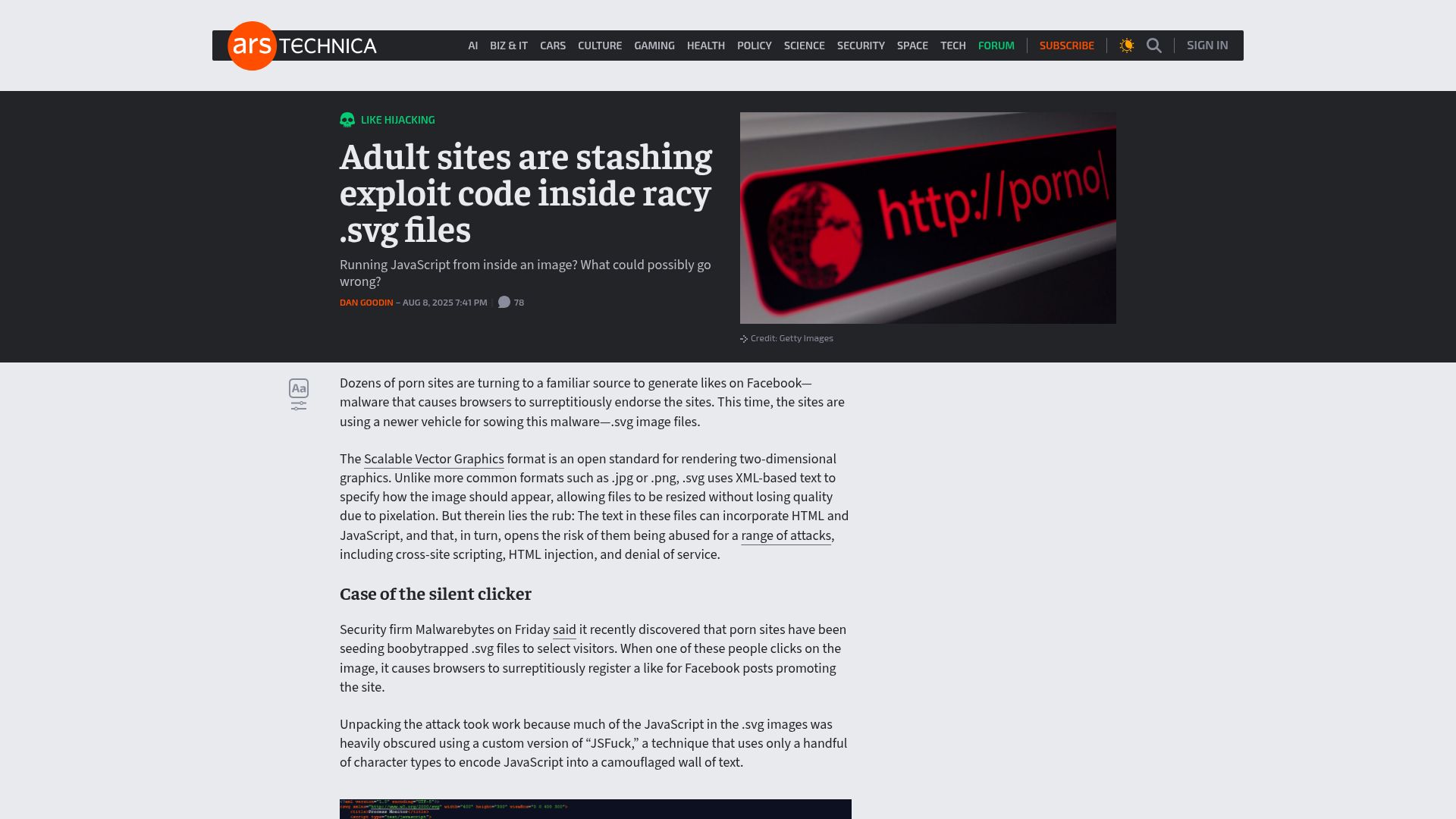 Screenshot of arstechnica.com: Adult sites are stashing exploit code inside svg files