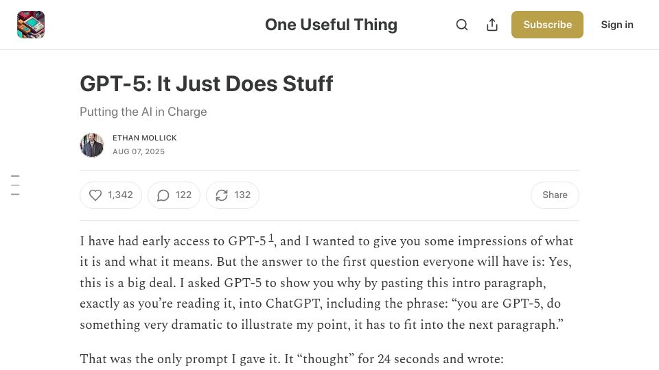 Screenshot of oneusefulthing.org: GPT-5: It Just Does Stuff