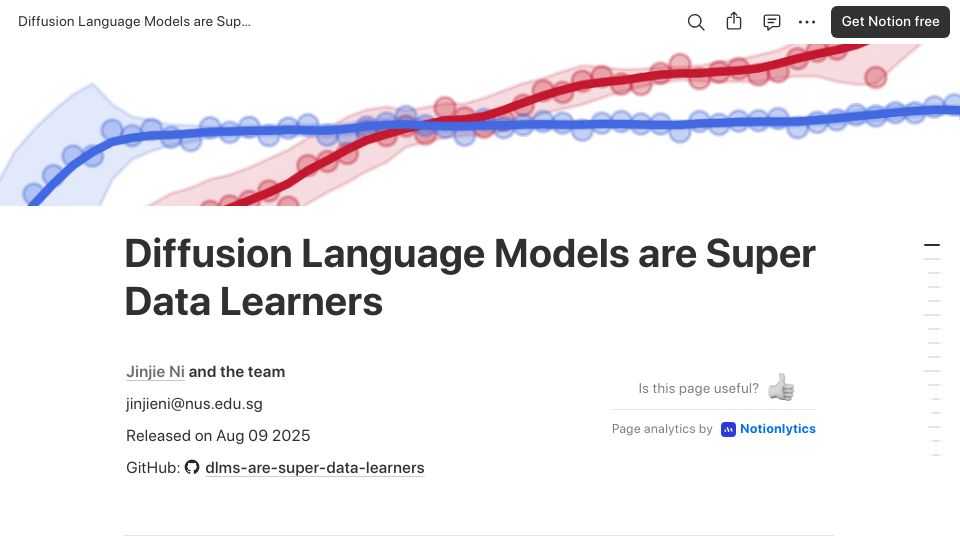 Screenshot of jinjieni.notion.site: Diffusion language models are super data learners