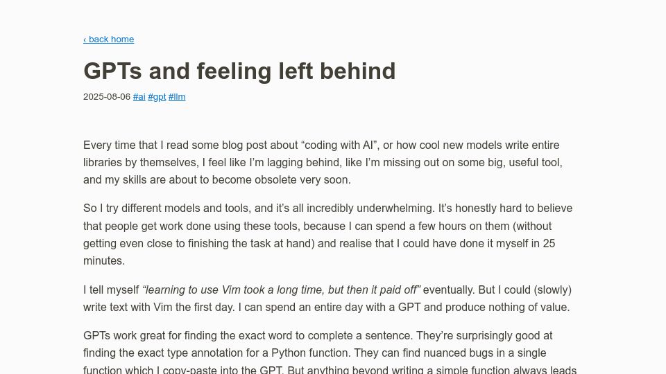 Screenshot of whynothugo.nl: GPTs and Feeling Left Behind