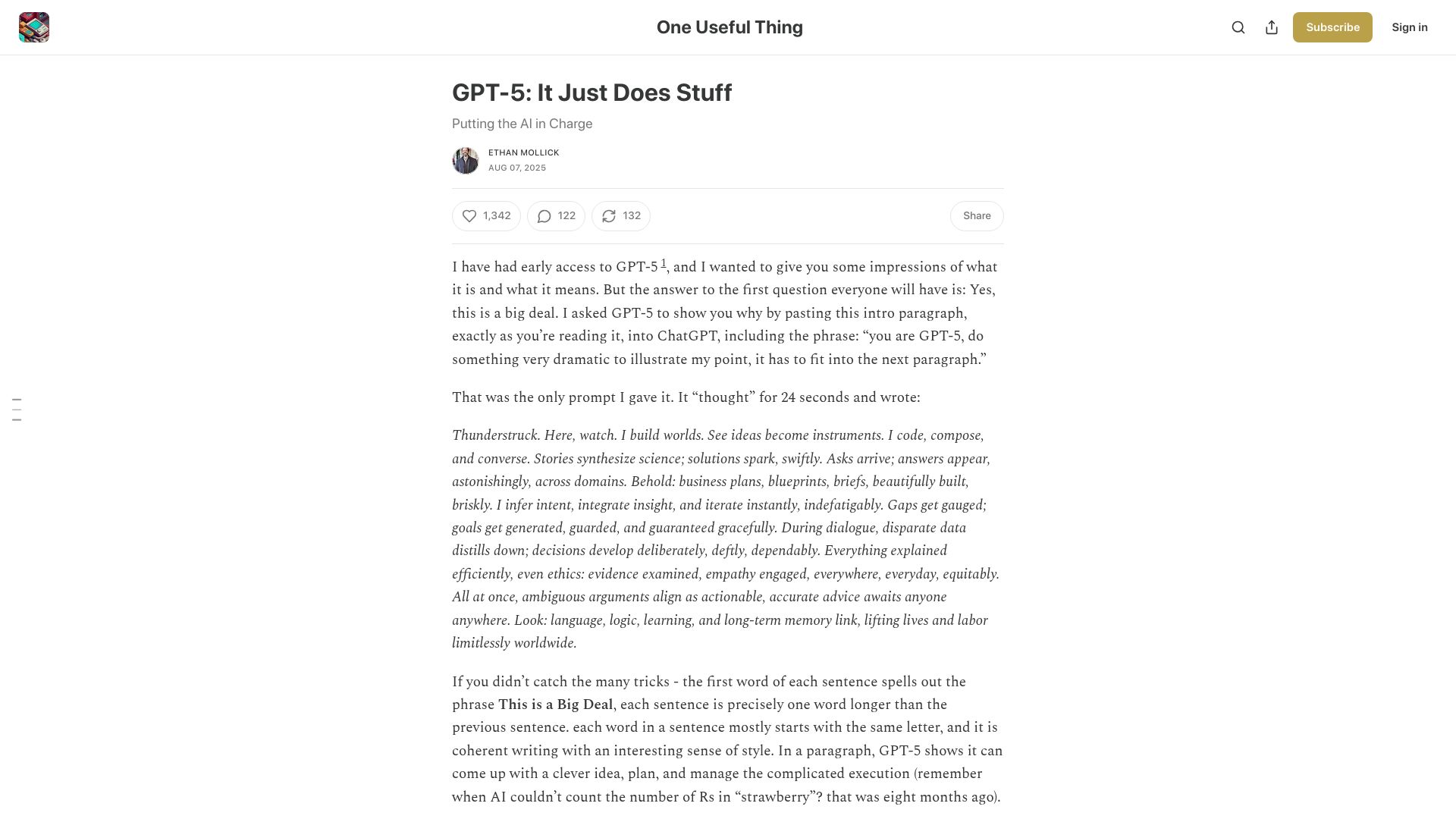 Screenshot of oneusefulthing.org: GPT-5: It Just Does Stuff