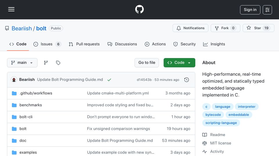 Screenshot of github.com: Show HN: Bolt – A super-fast, statically-typed scripting language written in C