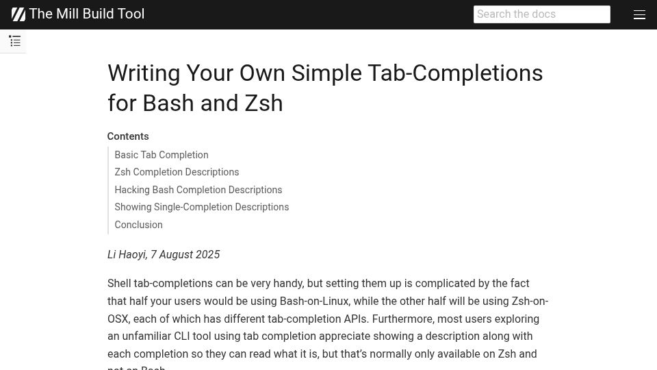 Screenshot of mill-build.org: Writing simple tab-completions for Bash and Zsh