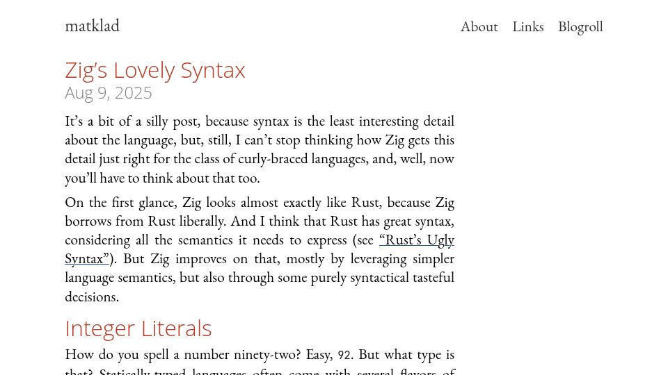 Screenshot of matklad.github.io: Zig's Lovely Syntax
