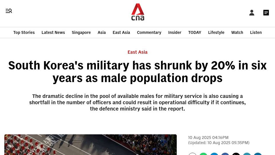 Screenshot of channelnewsasia.com: South Korea's military has shrunk by 20% in six years as male population drops