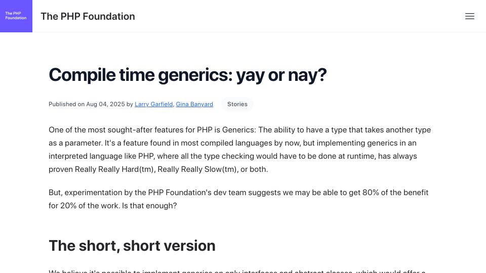 Screenshot of thephp.foundation: PHP compile time generics: yay or nay?