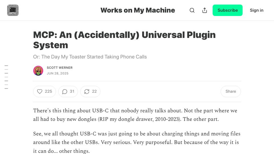 Screenshot of worksonmymachine.ai: MCP: An (Accidentally) Universal Plugin System