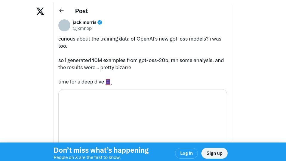Screenshot of twitter.com: Curious about the training data of OpenAI's new GPT-OSS models? I was too
