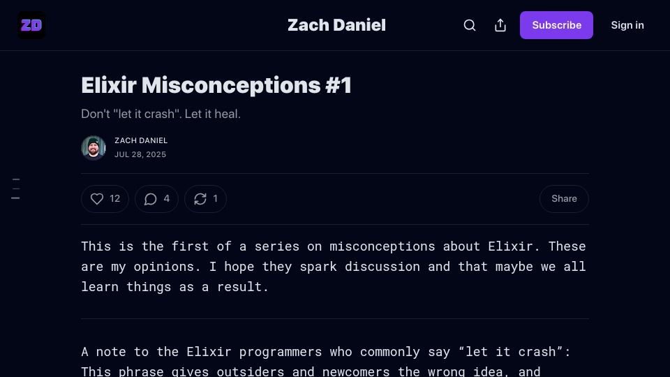 Screenshot of zachdaniel.dev: Don't “let it crash”, let it heal