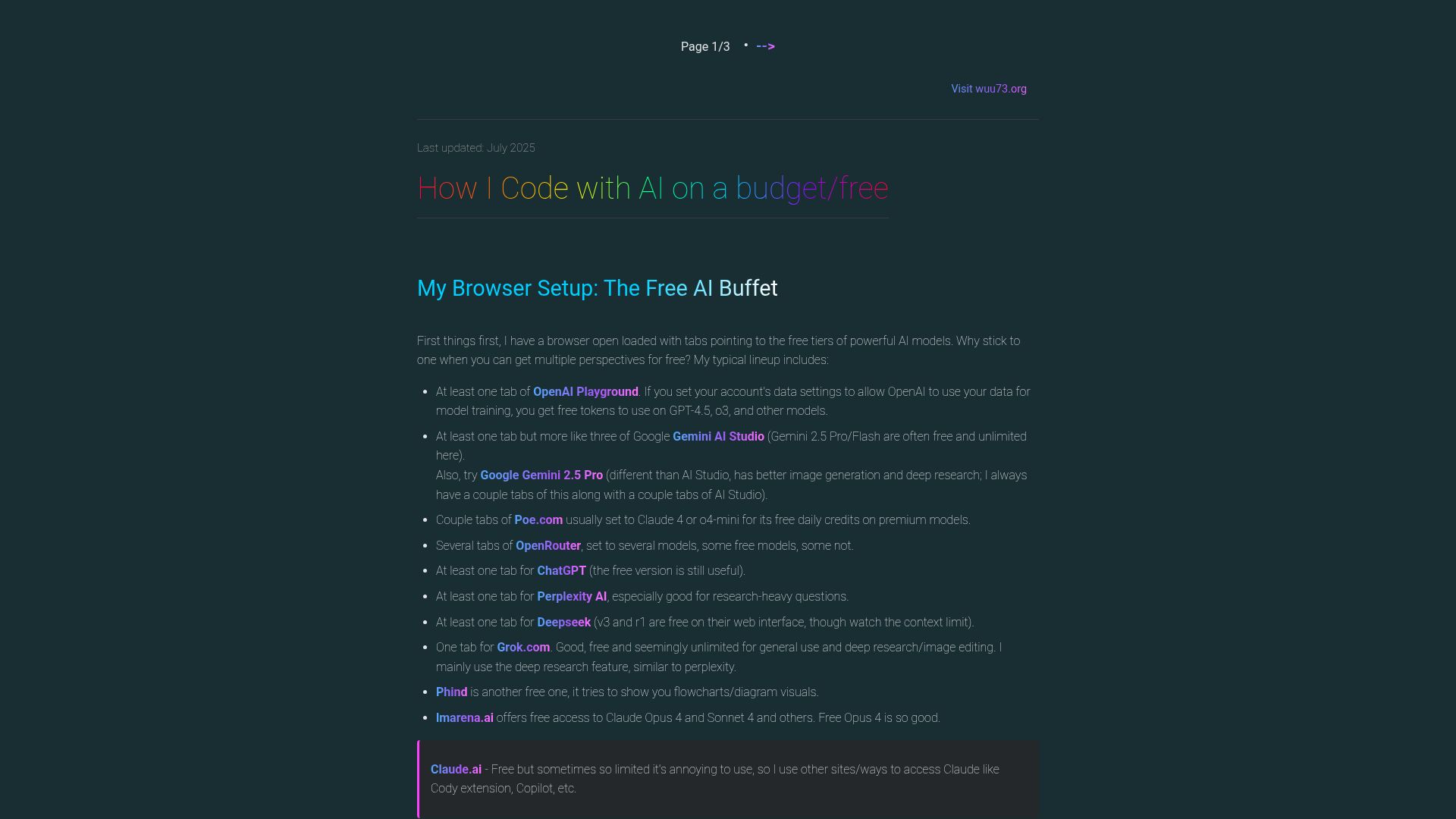 Screenshot of wuu73.org: How I code with AI on a budget/free