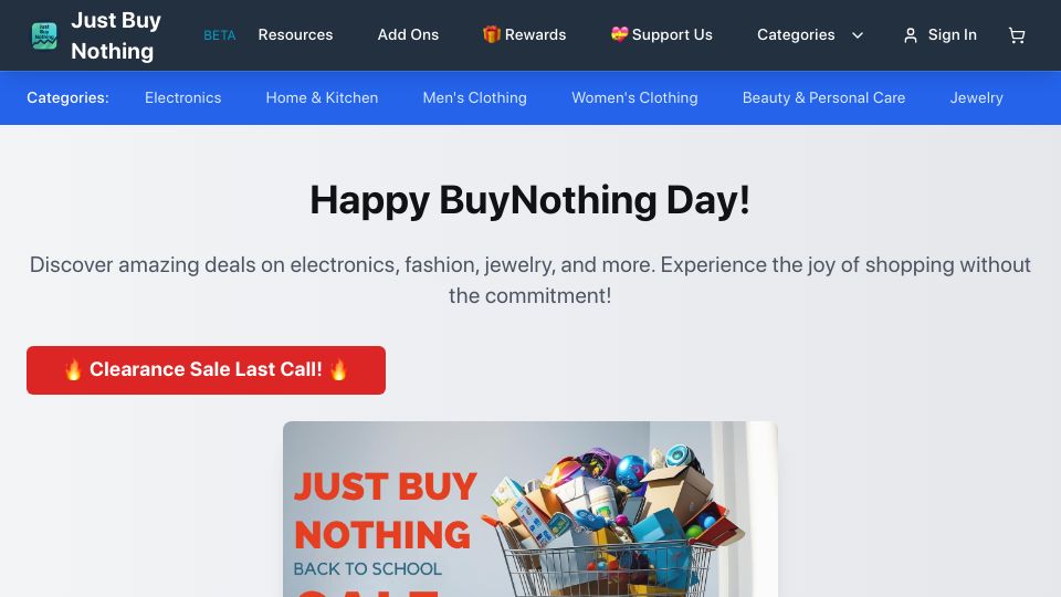 Screenshot of justbuynothing.com: Happy BuyNothing Day