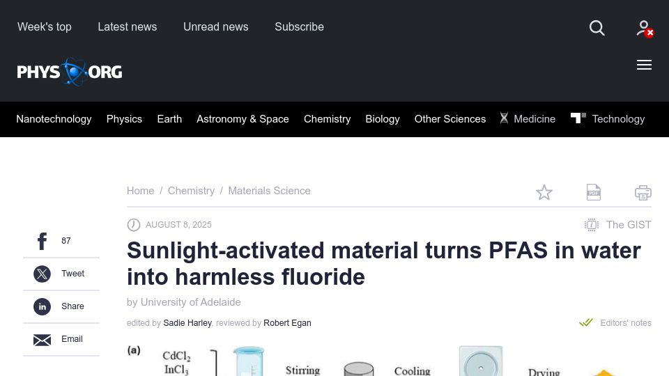 Screenshot of phys.org: Sunlight-activated material turns PFAS in water into harmless fluoride