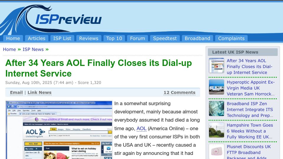 Screenshot of ispreview.co.uk: AOL closes its dial up internet service
