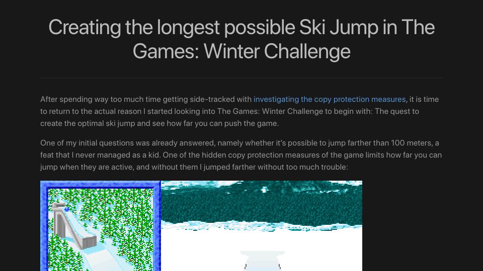 Screenshot of mrwint.github.io: Creating the Longest Possible Ski Jump in “The Games: Winter Challenge”