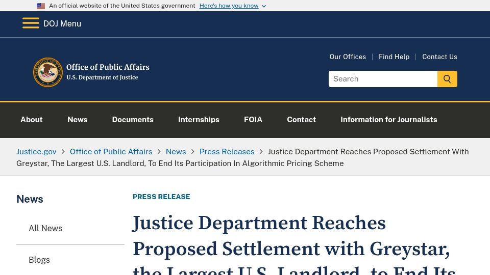 Screenshot of justice.gov: Justice Dept. Settles with Greystar to End Participation in Algorithmic Pricing