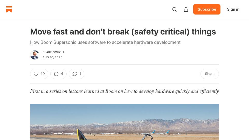 Screenshot of bscholl.substack.com: How Boom uses software to accelerate hardware development