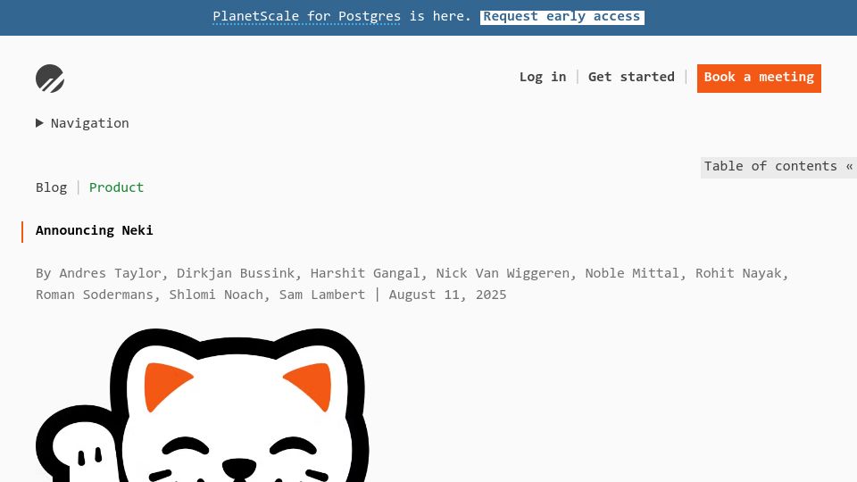 Screenshot of planetscale.com: Neki – Sharded Postgres by the team behind Vitess