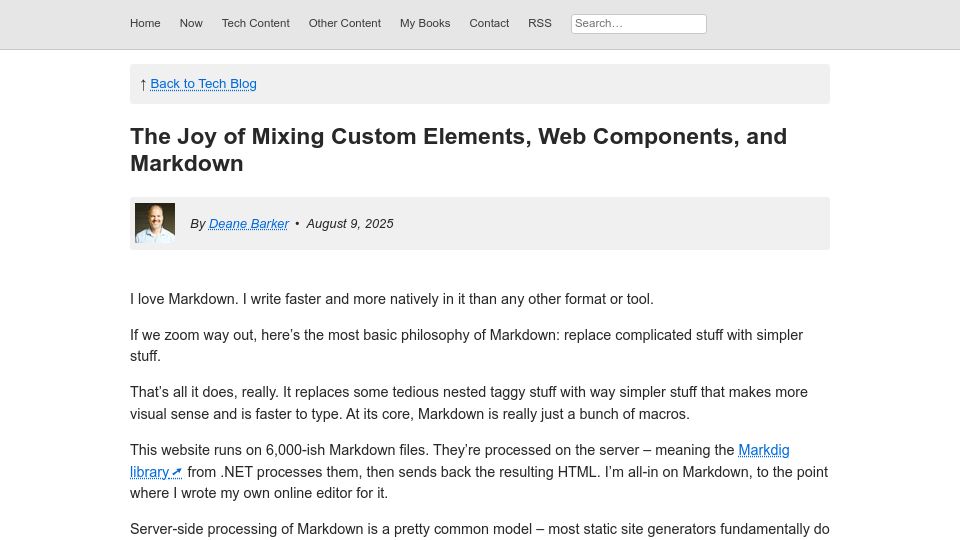 Screenshot of deanebarker.net: The Joy of Mixing Custom Elements, Web Components, and Markdown