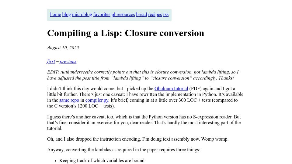 Screenshot of bernsteinbear.com: Compiling a Lisp: Lambda lifting