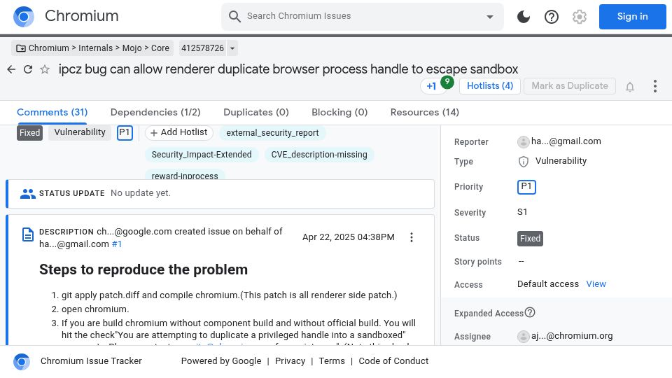 Screenshot of issues.chromium.org: The Chrome VRP Panel has decided to award $250k for this report
