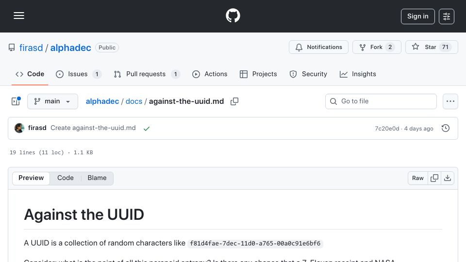 Screenshot of github.com: Against the UUID