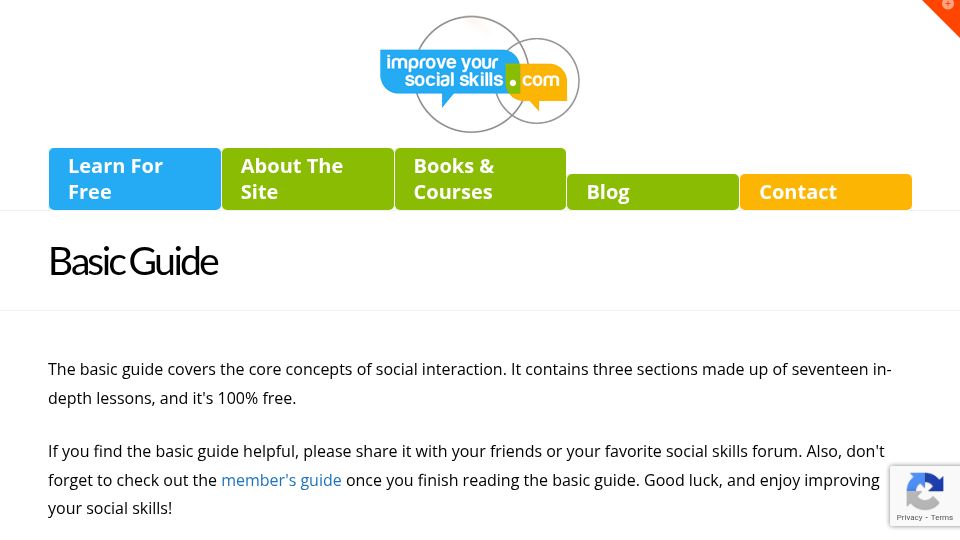 Screenshot of improveyoursocialskills.com: Basic Social Skills Guide