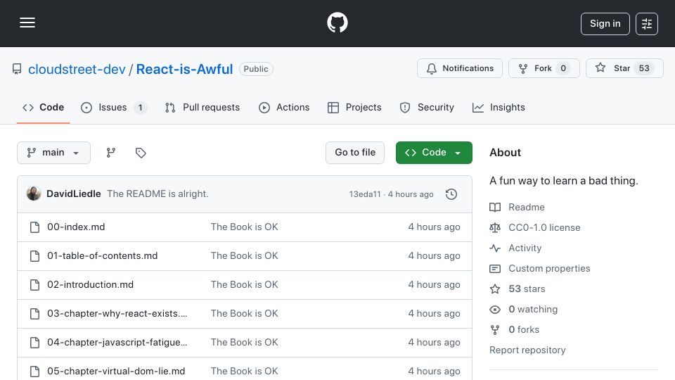 Screenshot of github.com: Show HN: Reactive: A React Book for the Reluctant (written by Claude)