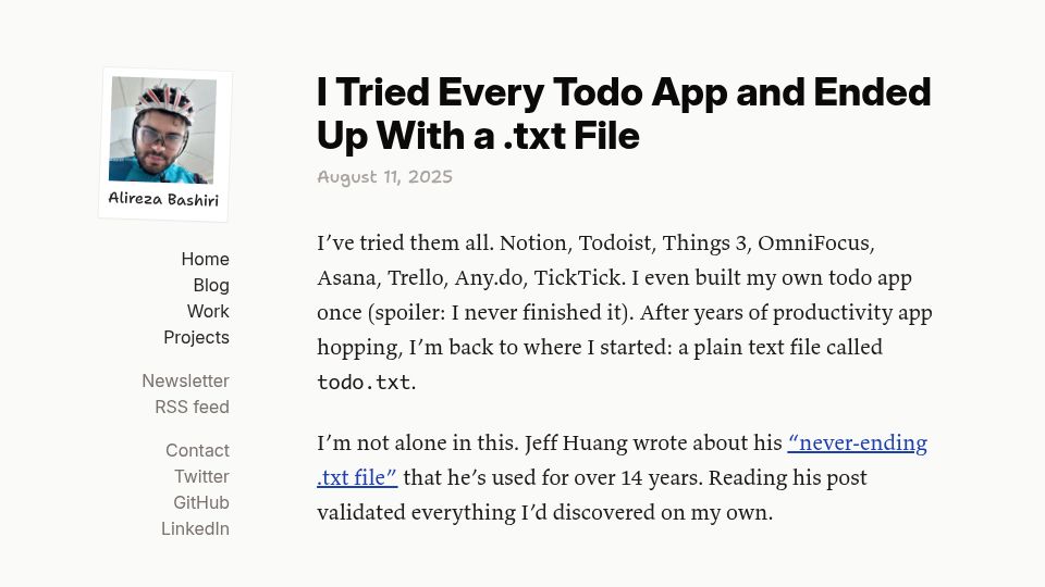 Screenshot of al3rez.com: I tried every todo app and ended up with a .txt file