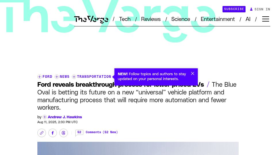 Screenshot of theverge.com: Ford reveals breakthrough process for lower priced EVs