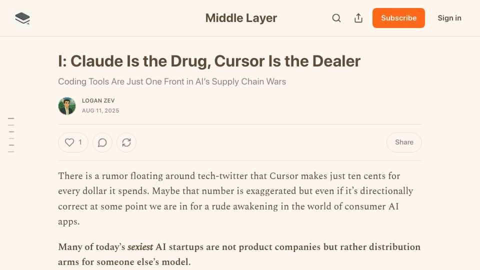 Screenshot of middlelayer.substack.com: Claude is the drug, Cursor is the dealer