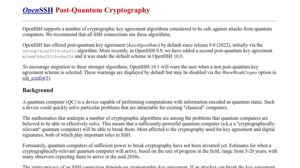 Screenshot of openssh.com: OpenSSH Post-Quantum Cryptography