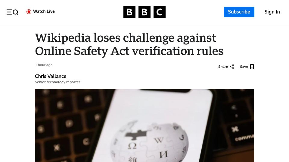 Screenshot of bbc.com: Wikipedia loses challenge against Online Safety Act