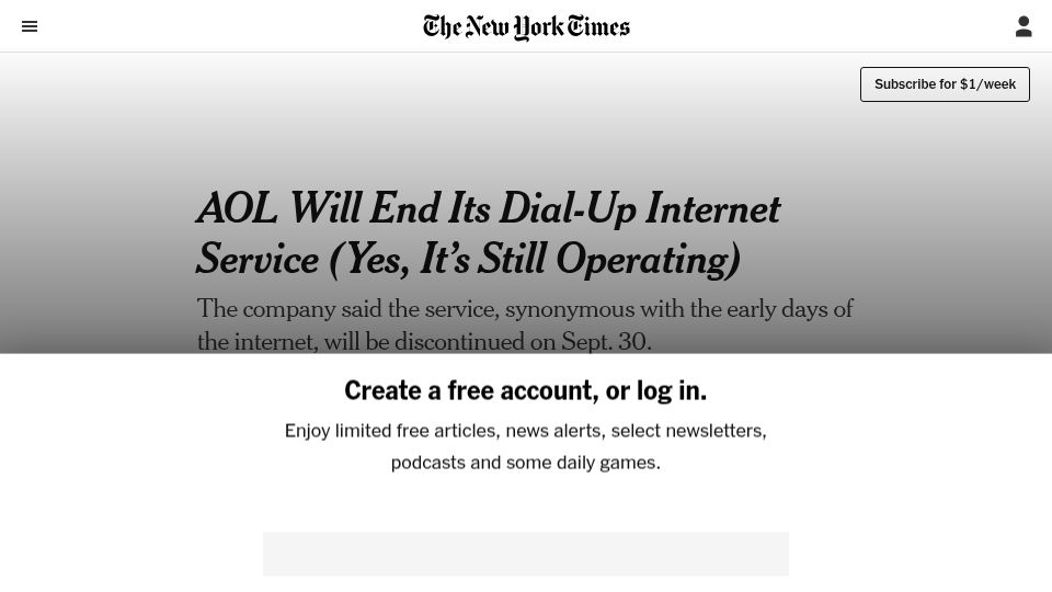 Screenshot of nytimes.com: AOL to discontinue dial-up internet
