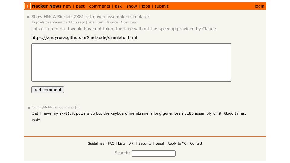 Screenshot of Hacker News post: Show HN: A Sinclair ZX81 retro web assembler+simulator