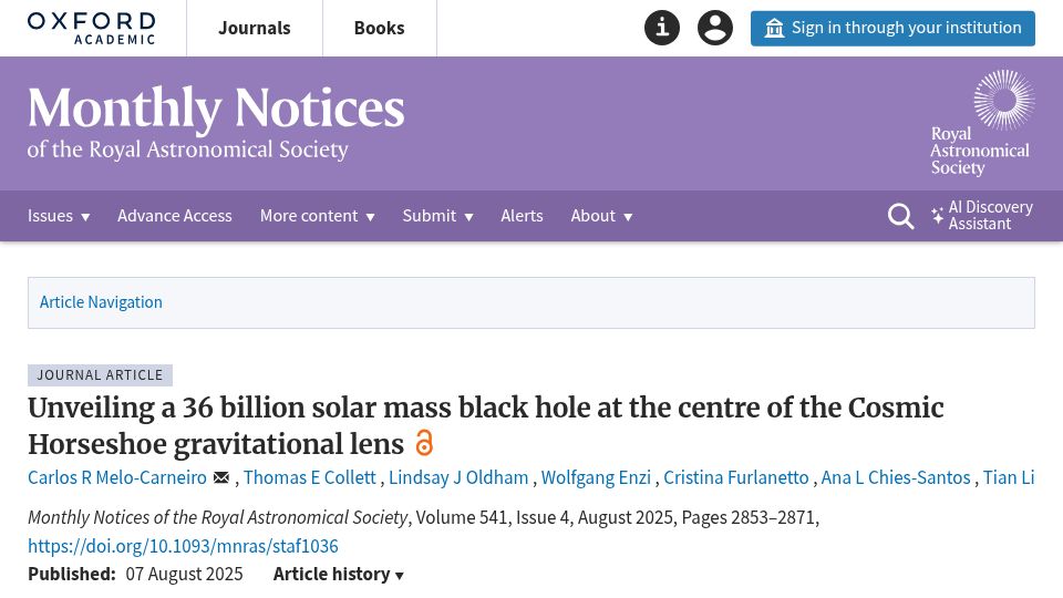 Screenshot of academic.oup.com: 36B solar mass black hole at centre of the Cosmic Horseshoe gravitational lens