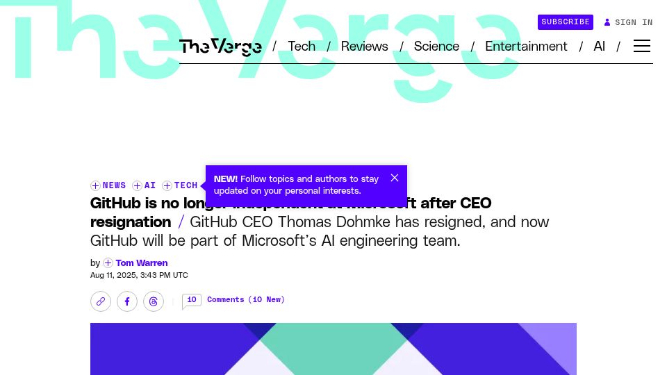 Screenshot of theverge.com: GitHub is no longer independent at Microsoft after CEO resignation
