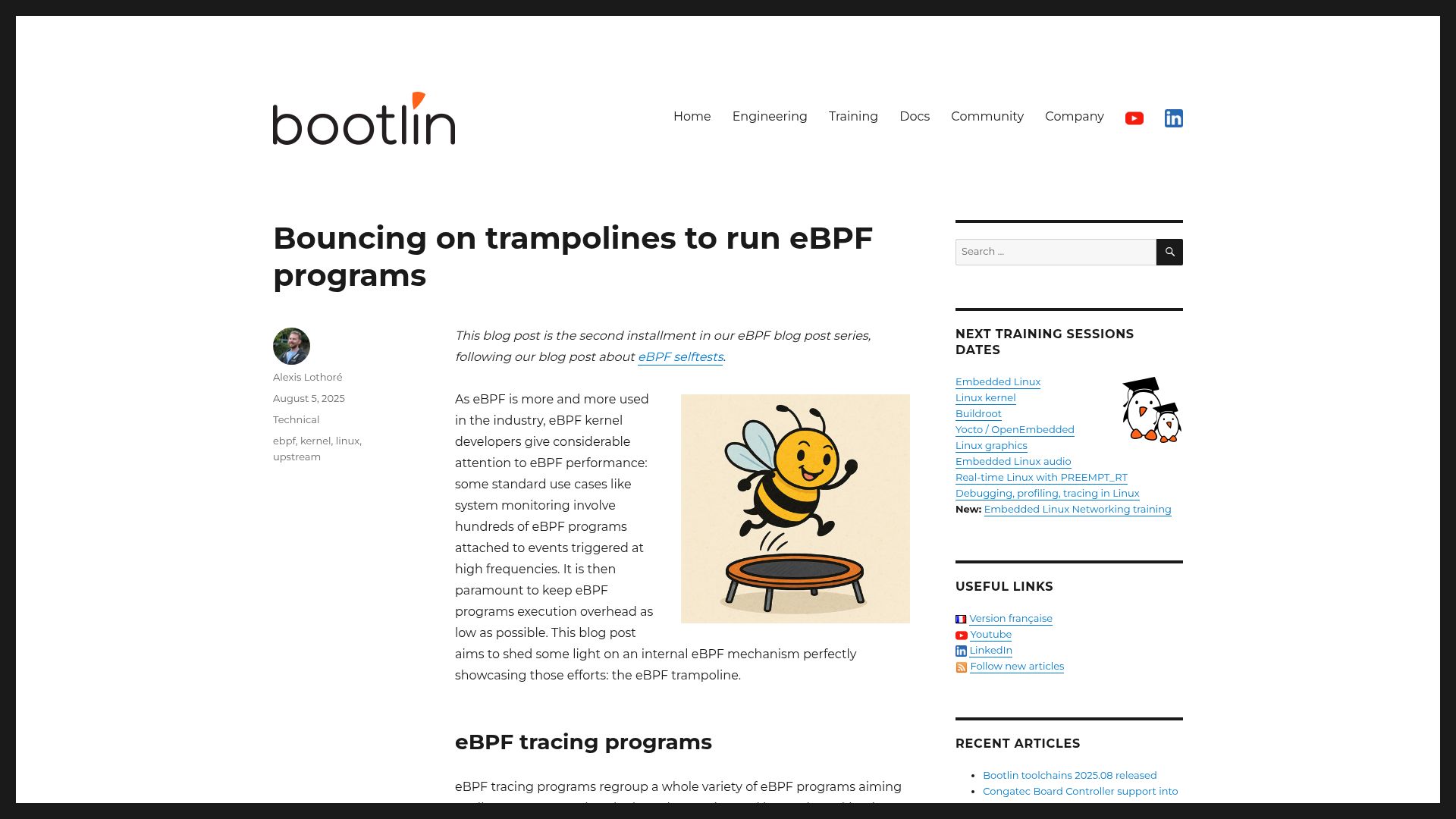 Screenshot of bootlin.com: Bouncing on trampolines to run eBPF programs