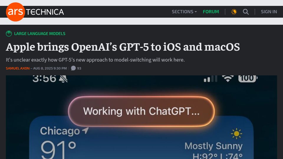 Screenshot of arstechnica.com: Apple brings OpenAI's GPT-5 to iOS and macOS
